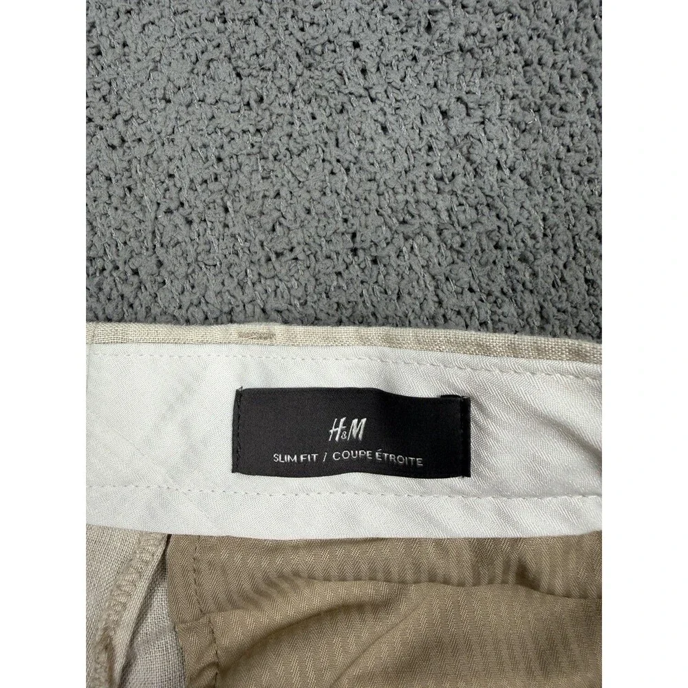 H&M Pants Mens 33x28 Beige 100% Linen Slim Straight Leg Lightweight Dress